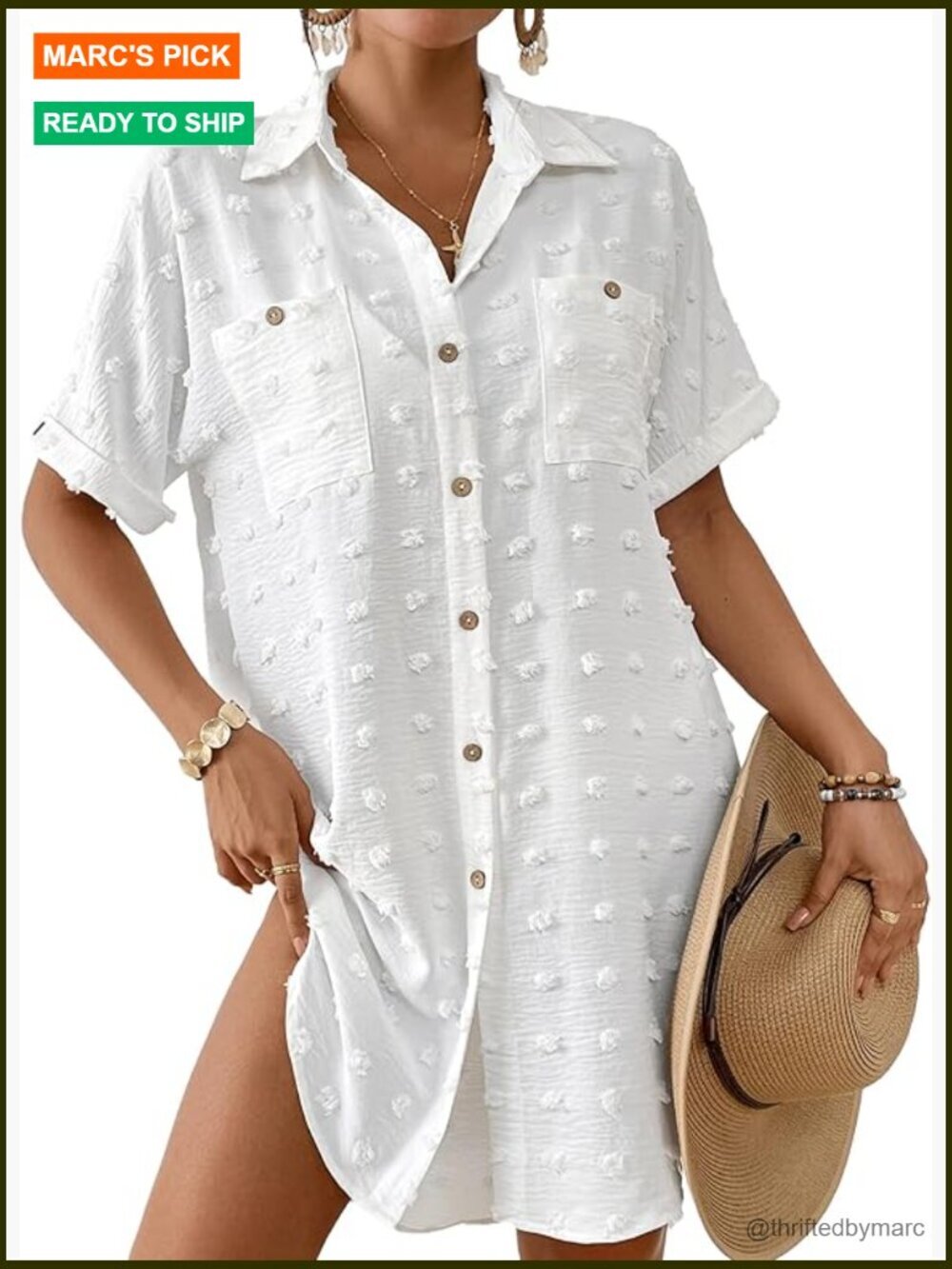 Swiss Dot Button Down Beach Shirt Cover Up